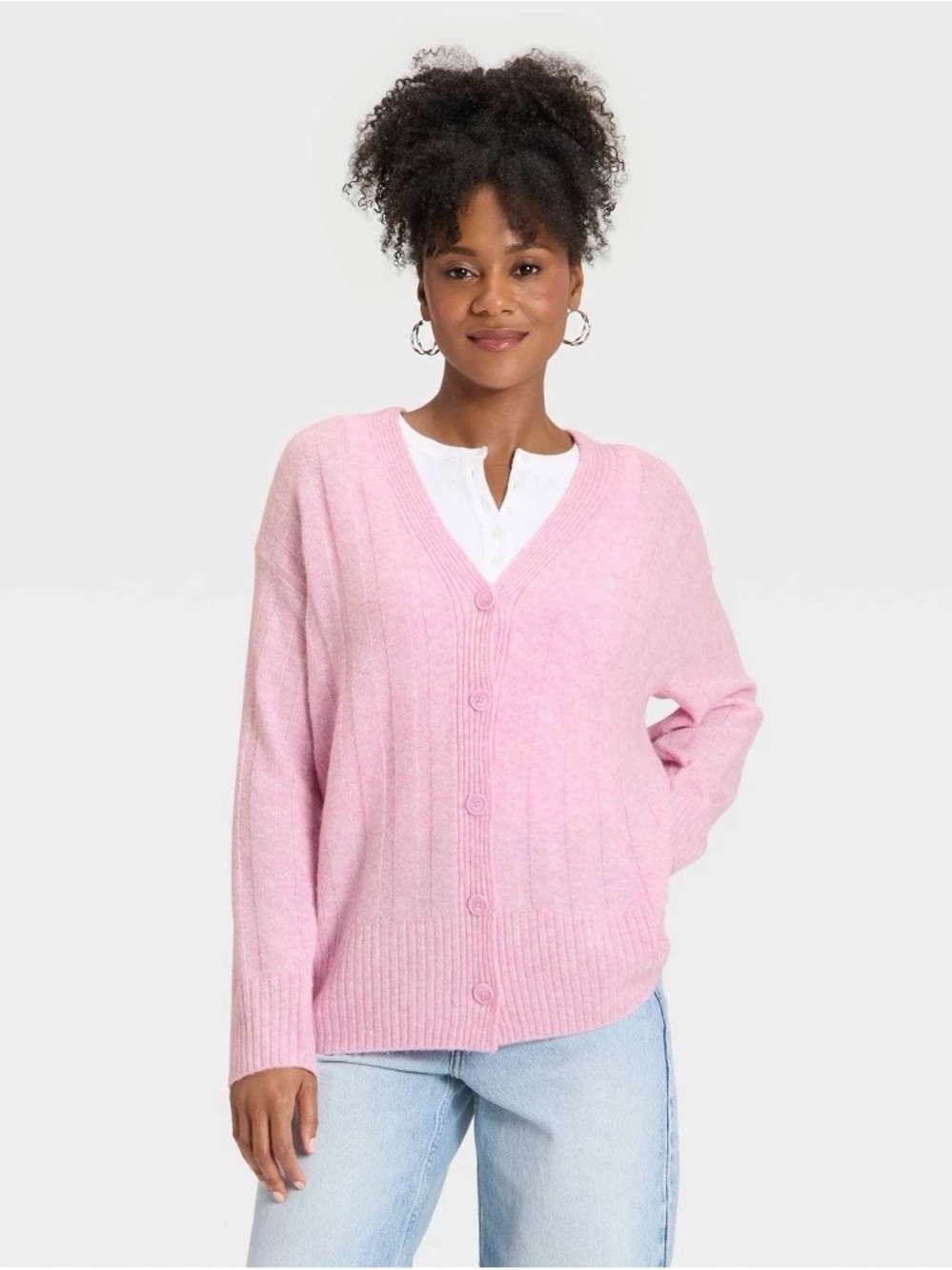 Universal Thread Pink Ribbed V-Neck Button Cardigan b166